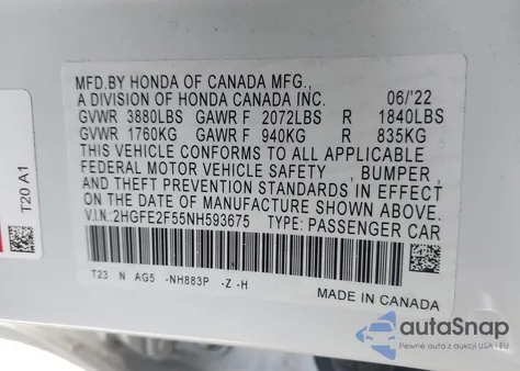 2022 Honda Civic Sport из США, поврежденный, VIN 2HGFE2F55NH593675